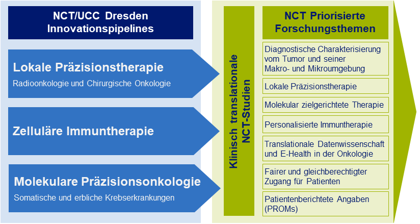 Zwei nebeneinander stehende farbige Infografiken mit Pfeilen und Text zu Innovationspipelines und priorisierten Forschungsthemen der NCT/UCC Dresden in der Krebsforschung.