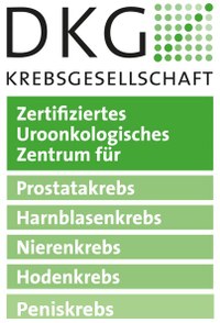 DKG Uroonkologisches Zentrum.JPG Logo der Deutschen Krebsgesellschaft mit grünem Punktmuster und Text zu zertifiziertem Uroonkologischem Zentrum für verschiedene Krebsarten