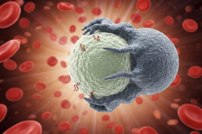 Gray claw-like immune cell enclosing a large white cell against a background of red blood cells