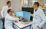 Forschende werten Daten der NMR-Analyse aus. © Uniklinikum Dresden/Marc Eisele